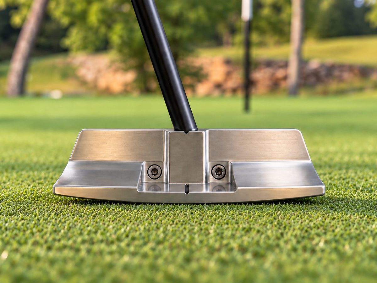 A Yellowbirdie blade putter resting on a putting green, seen from behind