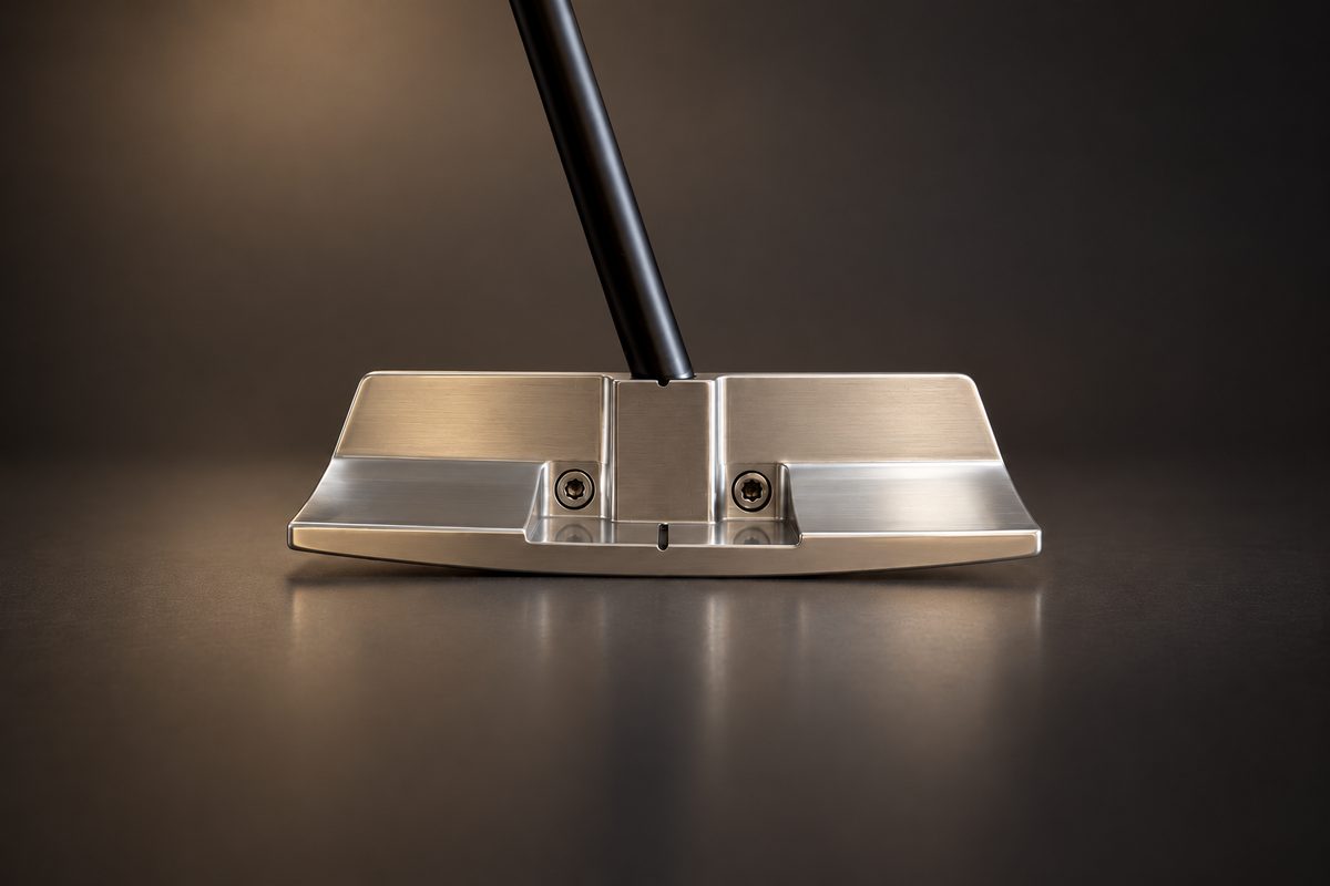 The back of a Yellowbirdie blade putter, with its center neck and two insert screws