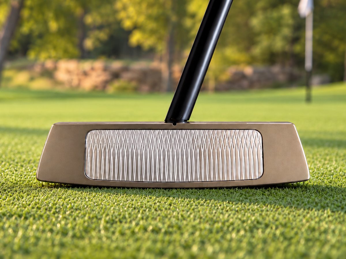 The face of a Yellowbirdie blade putter on a putting green, showing its milled insert