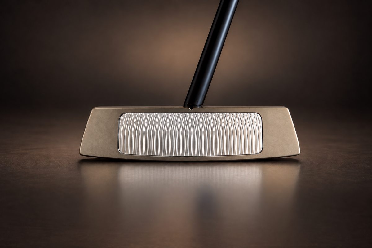 A Yellowbirdie blade putter seen face-on, showing its milled aluminum insert
